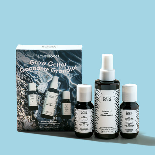 A product image featuring BondiBoost hair growth kit with four bottles of hair care products and a packaging box.
