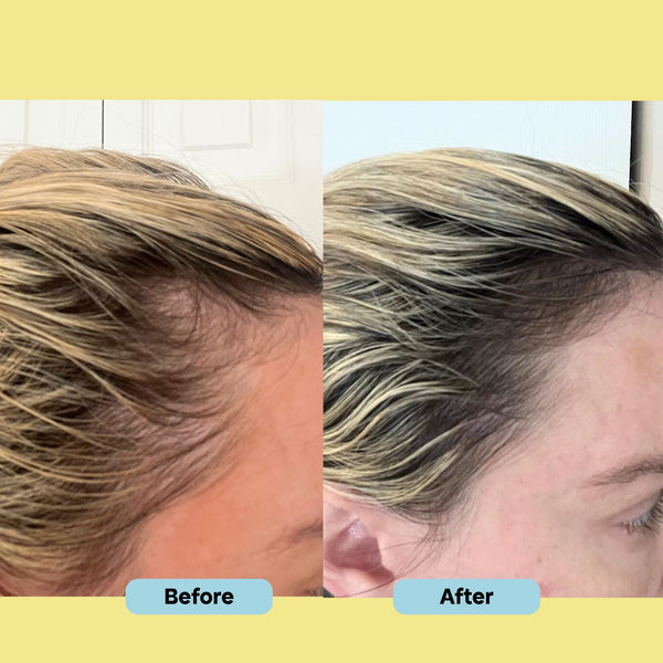 Before and after comparison of hair color on a person with a yellow background.