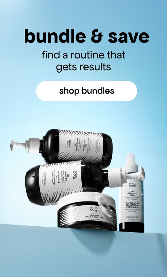 Cosmetic products on a blue background with text promoting bundle options.