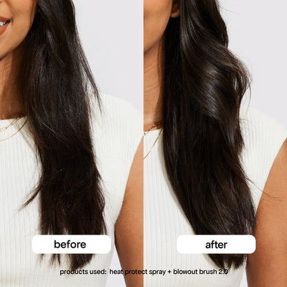 before and after heat protect spray and blowout brush 