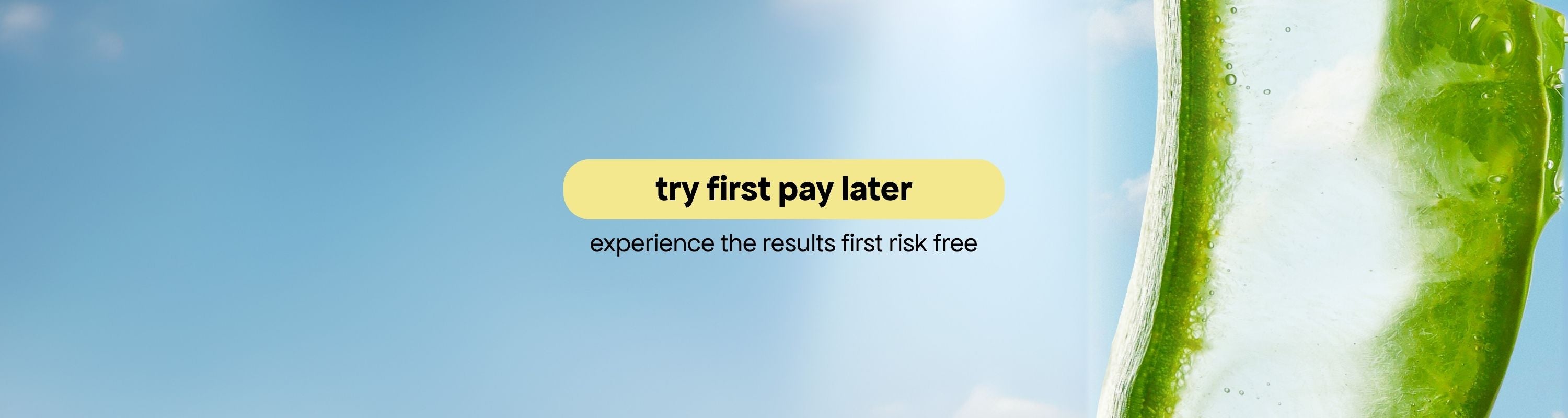 Promotional banner with 'try first pay later' text on a blue background